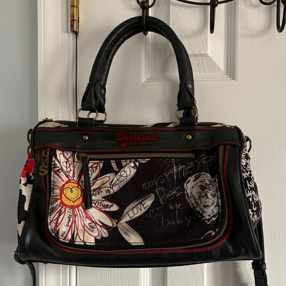 Desigual Black Satchel Red & White Floral Detail Top Handle w. Crossbody Strap